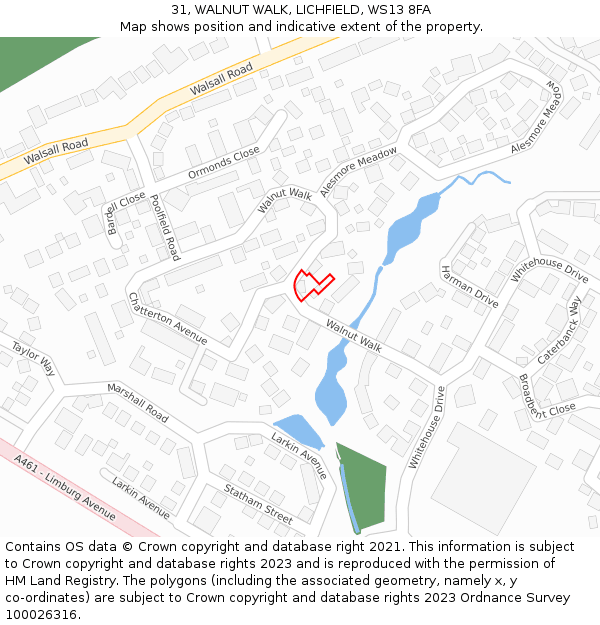 31, WALNUT WALK, LICHFIELD, WS13 8FA: Location map and indicative extent of plot