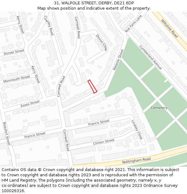 31, WALPOLE STREET, DERBY, DE21 6DP: Location map and indicative extent of plot