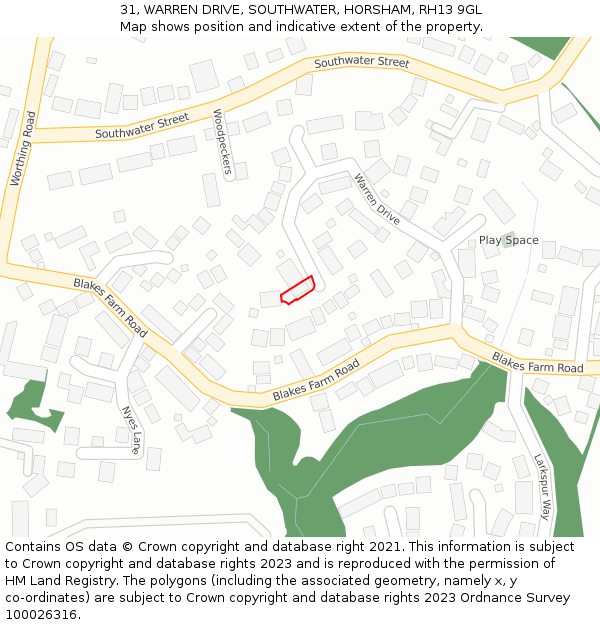 31, WARREN DRIVE, SOUTHWATER, HORSHAM, RH13 9GL: Location map and indicative extent of plot