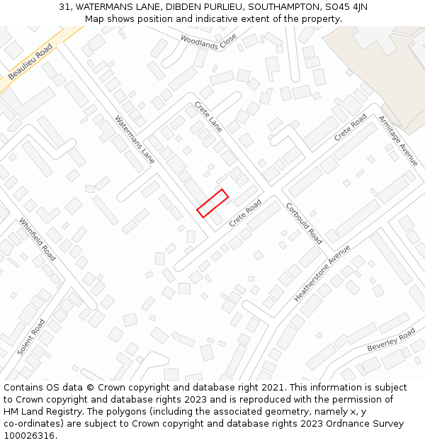 31, WATERMANS LANE, DIBDEN PURLIEU, SOUTHAMPTON, SO45 4JN: Location map and indicative extent of plot