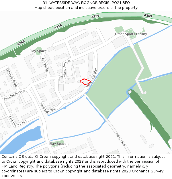 31, WATERSIDE WAY, BOGNOR REGIS, PO21 5FQ: Location map and indicative extent of plot
