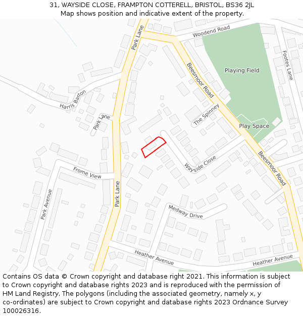 31, WAYSIDE CLOSE, FRAMPTON COTTERELL, BRISTOL, BS36 2JL: Location map and indicative extent of plot