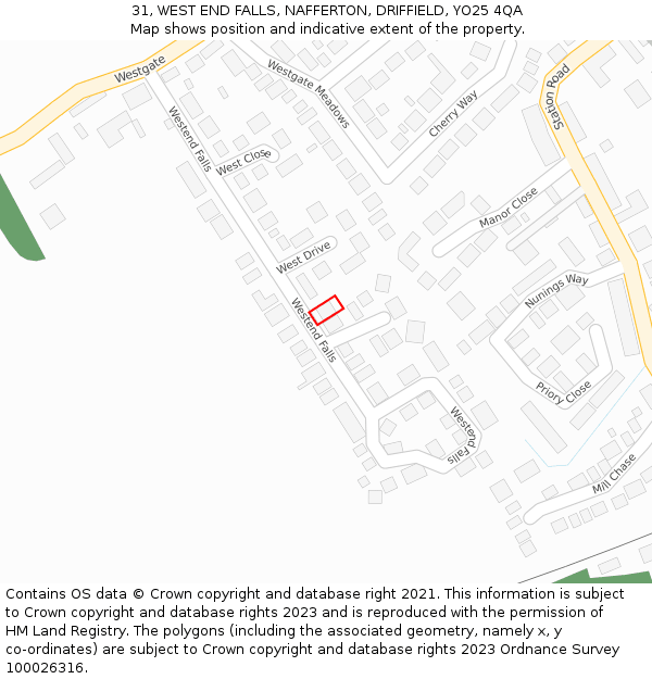31, WEST END FALLS, NAFFERTON, DRIFFIELD, YO25 4QA: Location map and indicative extent of plot