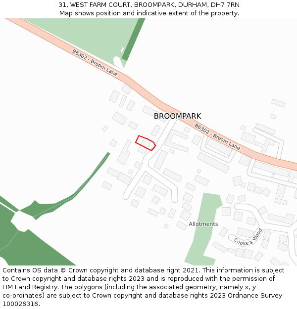 31, WEST FARM COURT, BROOMPARK, DURHAM, DH7 7RN: Location map and indicative extent of plot