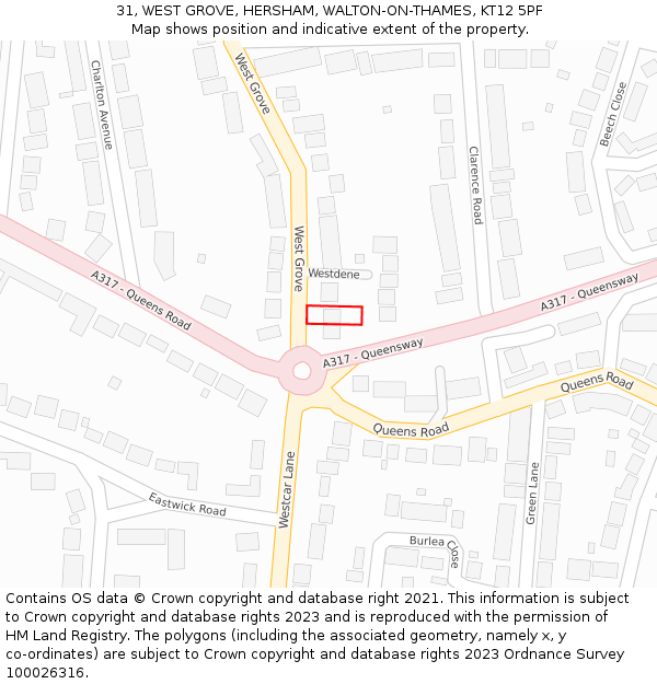 31, WEST GROVE, HERSHAM, WALTON-ON-THAMES, KT12 5PF: Location map and indicative extent of plot