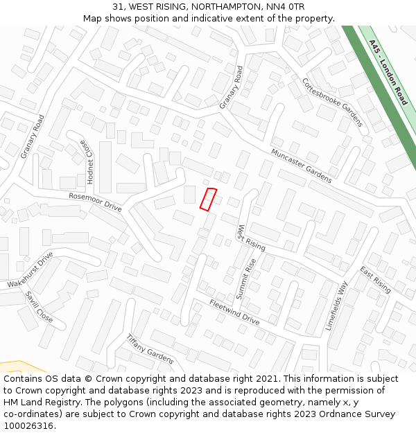 31, WEST RISING, NORTHAMPTON, NN4 0TR: Location map and indicative extent of plot