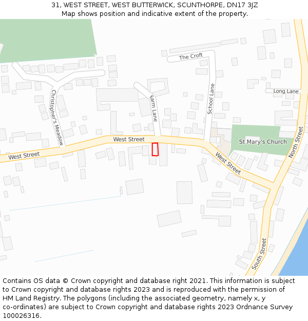 31, WEST STREET, WEST BUTTERWICK, SCUNTHORPE, DN17 3JZ: Location map and indicative extent of plot