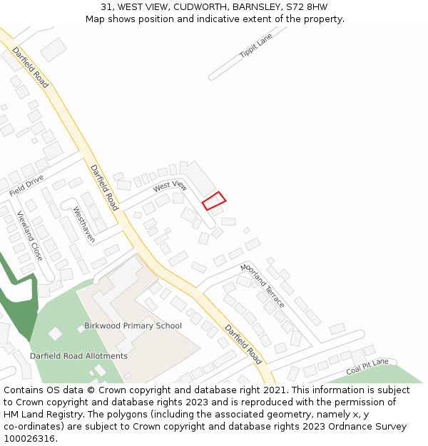 31, WEST VIEW, CUDWORTH, BARNSLEY, S72 8HW: Location map and indicative extent of plot