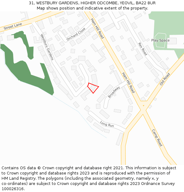 31, WESTBURY GARDENS, HIGHER ODCOMBE, YEOVIL, BA22 8UR: Location map and indicative extent of plot