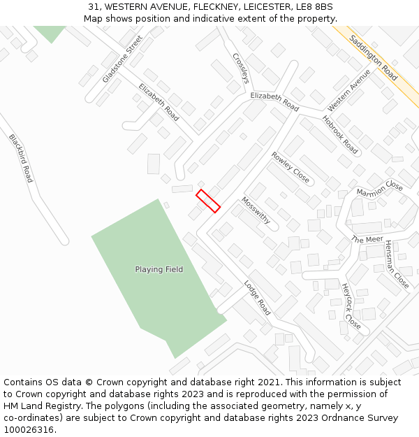 31, WESTERN AVENUE, FLECKNEY, LEICESTER, LE8 8BS: Location map and indicative extent of plot