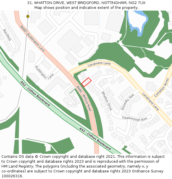 31, WHATTON DRIVE, WEST BRIDGFORD, NOTTINGHAM, NG2 7UX: Location map and indicative extent of plot