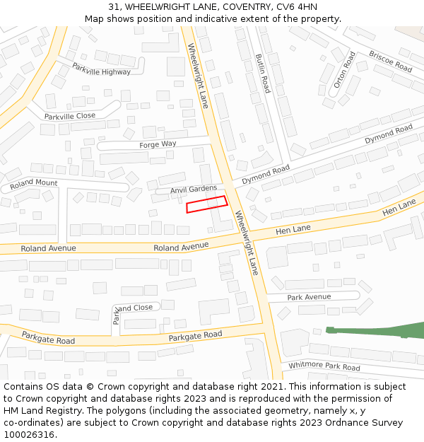 31, WHEELWRIGHT LANE, COVENTRY, CV6 4HN: Location map and indicative extent of plot