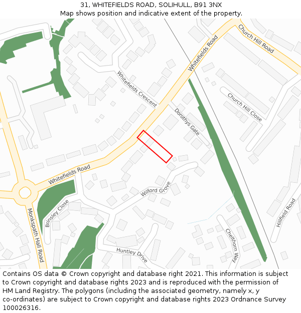 31, WHITEFIELDS ROAD, SOLIHULL, B91 3NX: Location map and indicative extent of plot