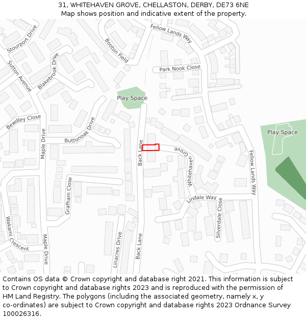 31, WHITEHAVEN GROVE, CHELLASTON, DERBY, DE73 6NE: Location map and indicative extent of plot
