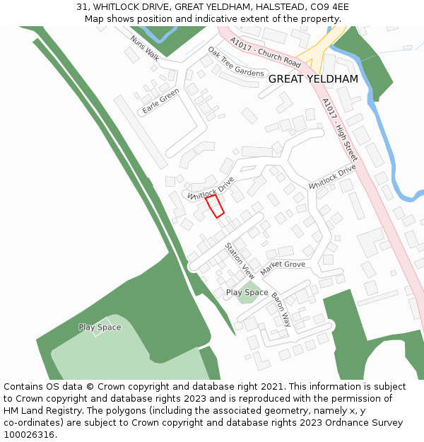 31, WHITLOCK DRIVE, GREAT YELDHAM, HALSTEAD, CO9 4EE: Location map and indicative extent of plot