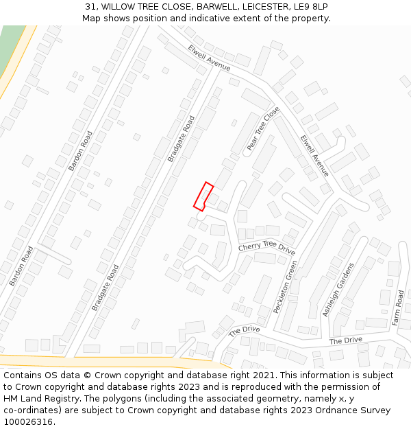 31, WILLOW TREE CLOSE, BARWELL, LEICESTER, LE9 8LP: Location map and indicative extent of plot