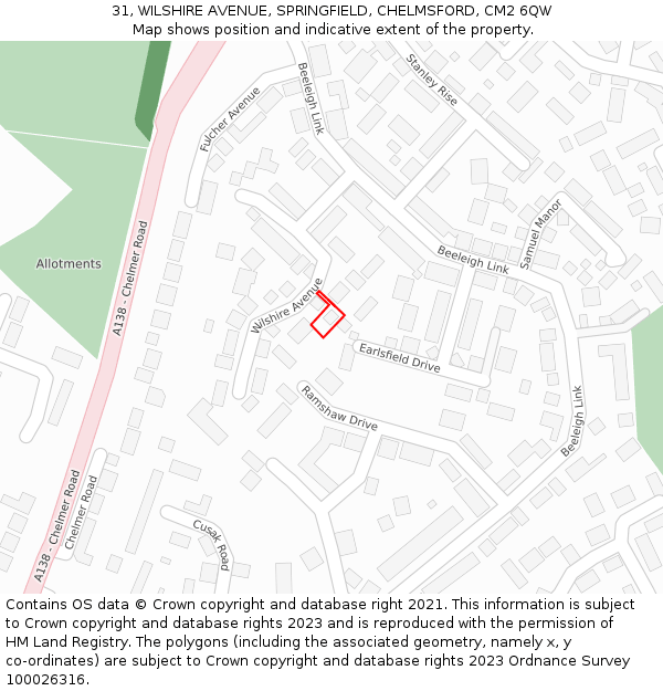 31, WILSHIRE AVENUE, SPRINGFIELD, CHELMSFORD, CM2 6QW: Location map and indicative extent of plot