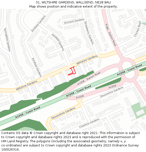 31, WILTSHIRE GARDENS, WALLSEND, NE28 8AU: Location map and indicative extent of plot