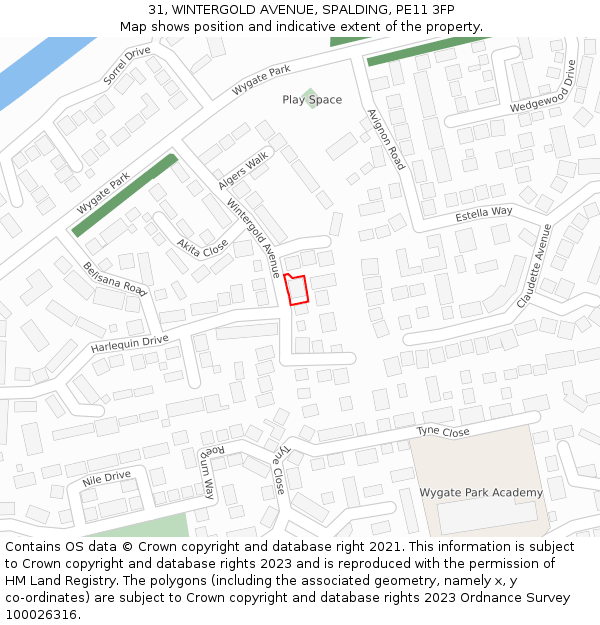 31, WINTERGOLD AVENUE, SPALDING, PE11 3FP: Location map and indicative extent of plot