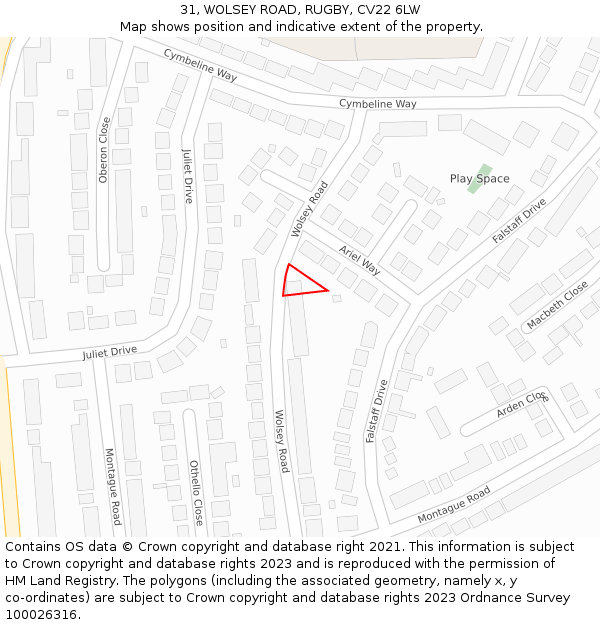 31, WOLSEY ROAD, RUGBY, CV22 6LW: Location map and indicative extent of plot