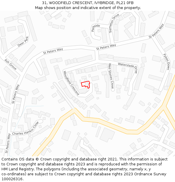 31, WOODFIELD CRESCENT, IVYBRIDGE, PL21 0FB: Location map and indicative extent of plot