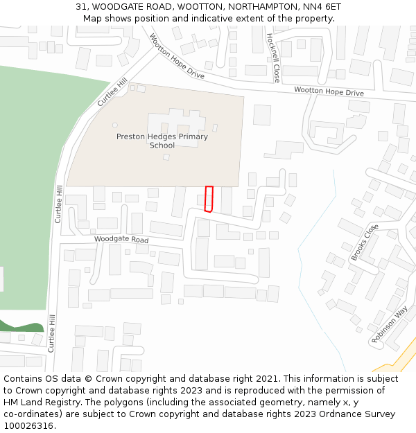 31, WOODGATE ROAD, WOOTTON, NORTHAMPTON, NN4 6ET: Location map and indicative extent of plot