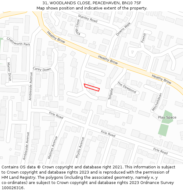 31, WOODLANDS CLOSE, PEACEHAVEN, BN10 7SF: Location map and indicative extent of plot