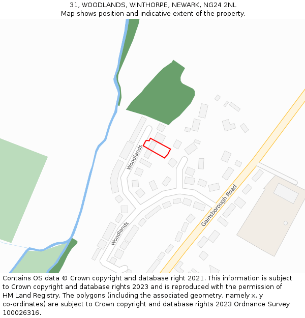 31, WOODLANDS, WINTHORPE, NEWARK, NG24 2NL: Location map and indicative extent of plot