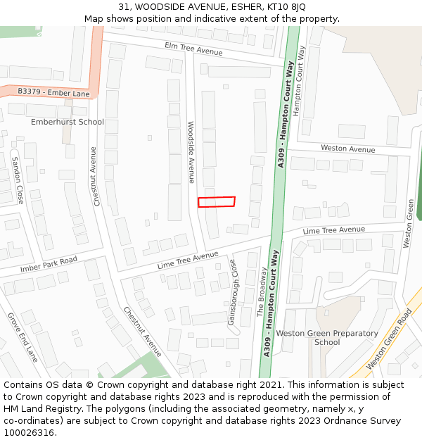 31, WOODSIDE AVENUE, ESHER, KT10 8JQ: Location map and indicative extent of plot