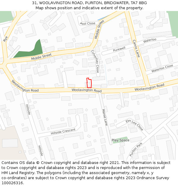 31, WOOLAVINGTON ROAD, PURITON, BRIDGWATER, TA7 8BG: Location map and indicative extent of plot