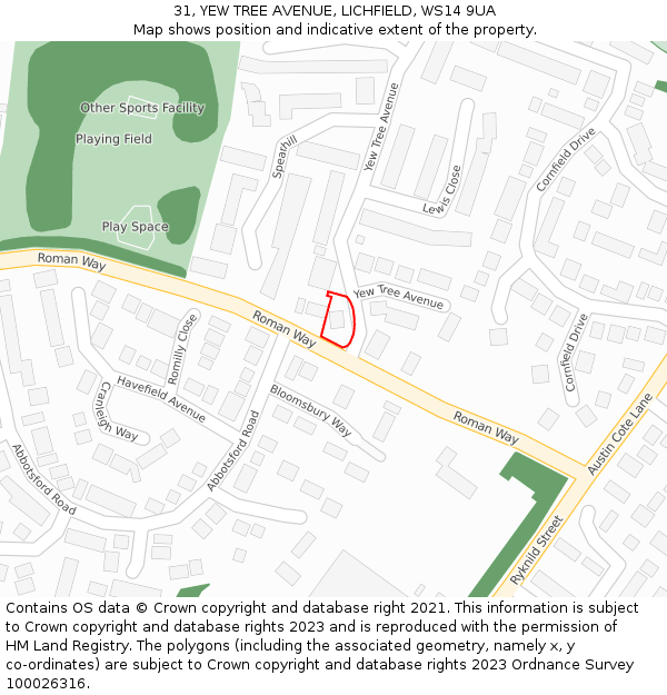 31, YEW TREE AVENUE, LICHFIELD, WS14 9UA: Location map and indicative extent of plot