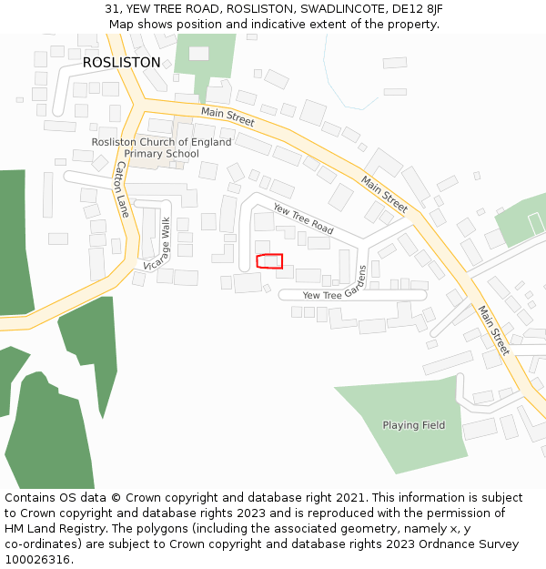 31, YEW TREE ROAD, ROSLISTON, SWADLINCOTE, DE12 8JF: Location map and indicative extent of plot