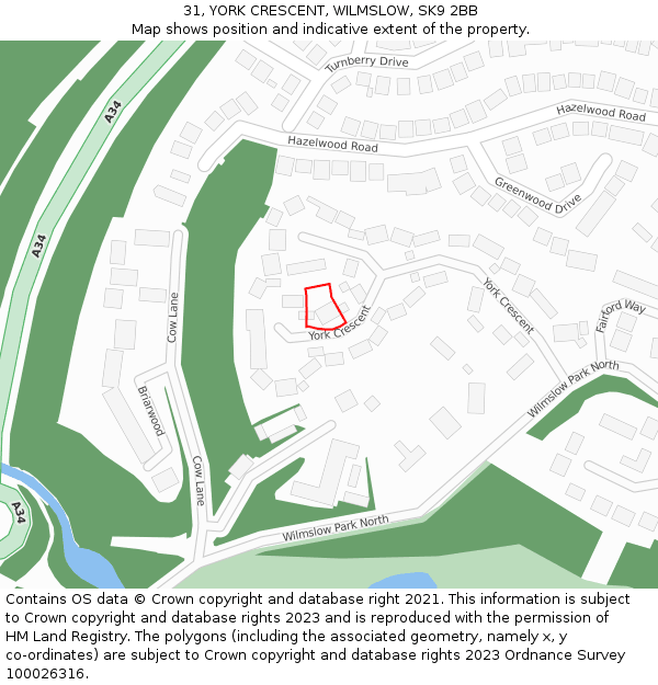 31, YORK CRESCENT, WILMSLOW, SK9 2BB: Location map and indicative extent of plot