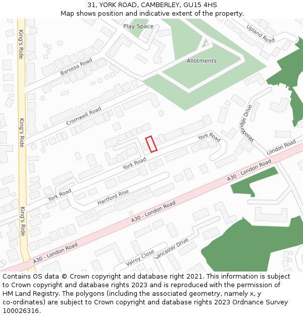 31, YORK ROAD, CAMBERLEY, GU15 4HS: Location map and indicative extent of plot