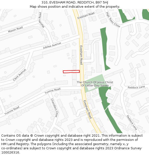 310, EVESHAM ROAD, REDDITCH, B97 5HJ: Location map and indicative extent of plot