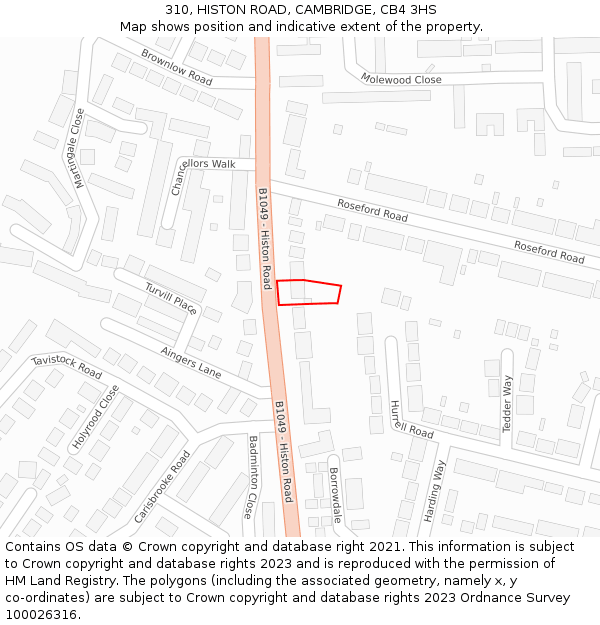 310, HISTON ROAD, CAMBRIDGE, CB4 3HS: Location map and indicative extent of plot