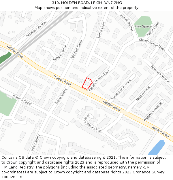 310, HOLDEN ROAD, LEIGH, WN7 2HG: Location map and indicative extent of plot