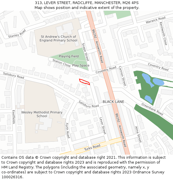 313, LEVER STREET, RADCLIFFE, MANCHESTER, M26 4PS: Location map and indicative extent of plot