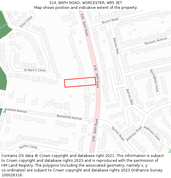 314, BATH ROAD, WORCESTER, WR5 3ET: Location map and indicative extent of plot