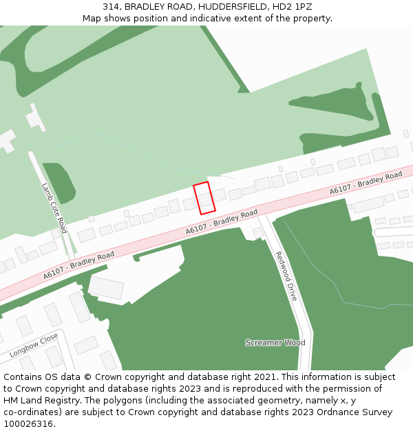 314, BRADLEY ROAD, HUDDERSFIELD, HD2 1PZ: Location map and indicative extent of plot