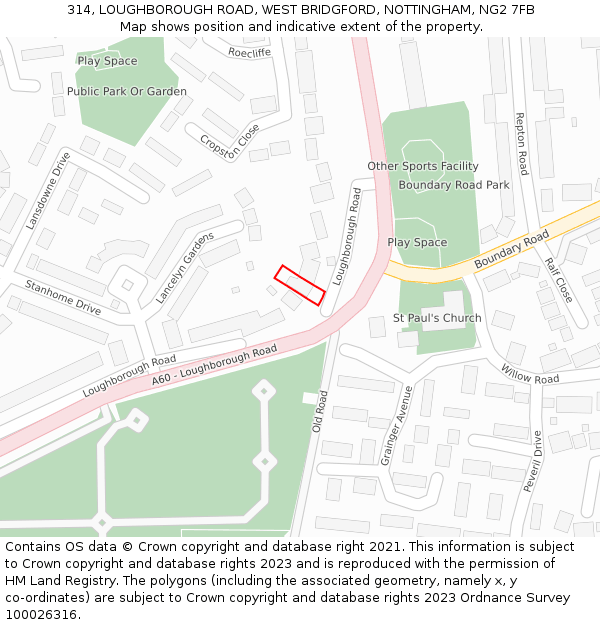 314, LOUGHBOROUGH ROAD, WEST BRIDGFORD, NOTTINGHAM, NG2 7FB: Location map and indicative extent of plot