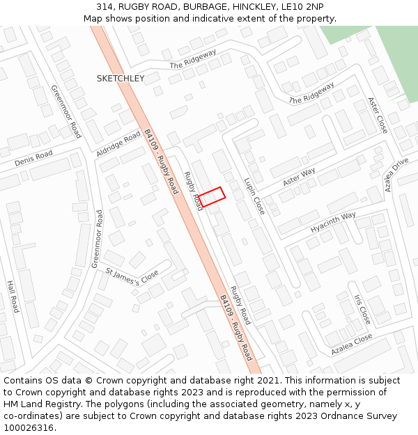 314, RUGBY ROAD, BURBAGE, HINCKLEY, LE10 2NP: Location map and indicative extent of plot