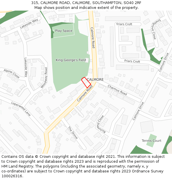 315, CALMORE ROAD, CALMORE, SOUTHAMPTON, SO40 2RF: Location map and indicative extent of plot