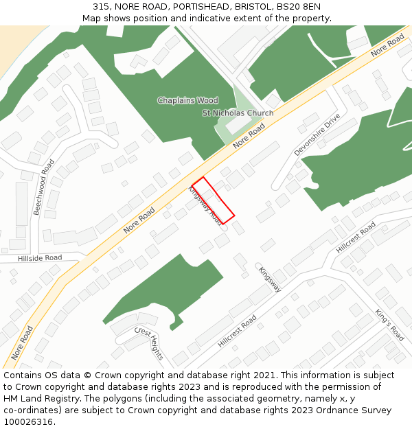 315, NORE ROAD, PORTISHEAD, BRISTOL, BS20 8EN: Location map and indicative extent of plot