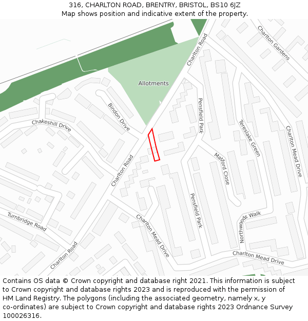 316, CHARLTON ROAD, BRENTRY, BRISTOL, BS10 6JZ: Location map and indicative extent of plot