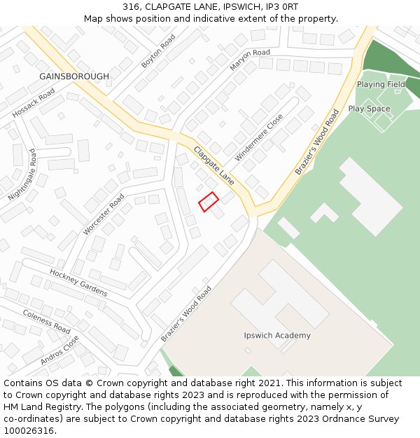 316, CLAPGATE LANE, IPSWICH, IP3 0RT: Location map and indicative extent of plot