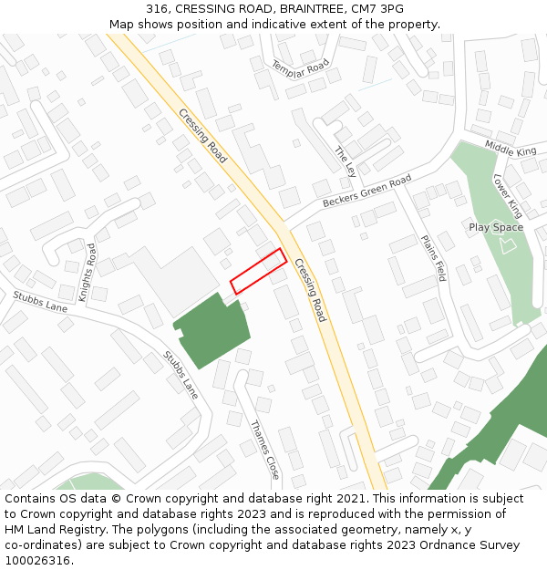 316, CRESSING ROAD, BRAINTREE, CM7 3PG: Location map and indicative extent of plot