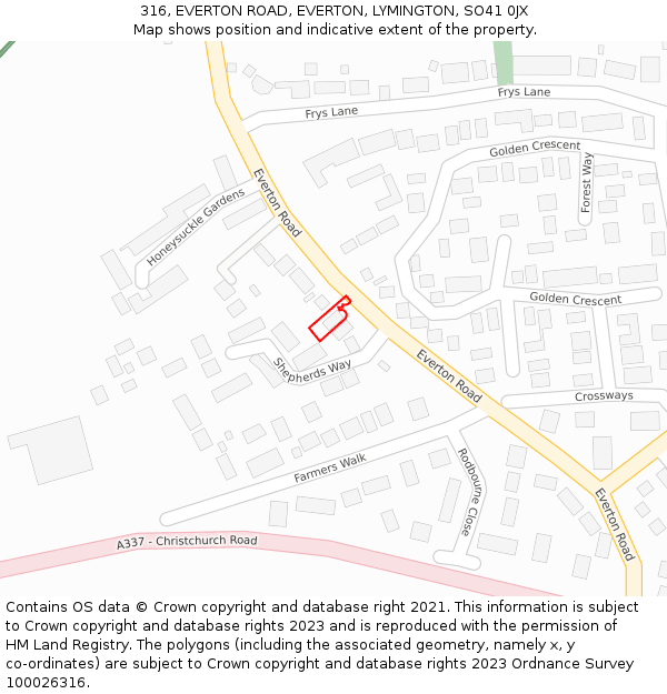 316, EVERTON ROAD, EVERTON, LYMINGTON, SO41 0JX: Location map and indicative extent of plot