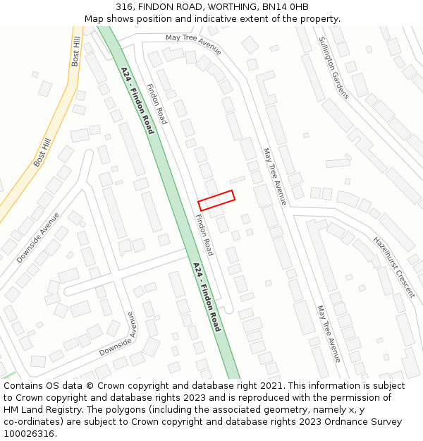 316, FINDON ROAD, WORTHING, BN14 0HB: Location map and indicative extent of plot