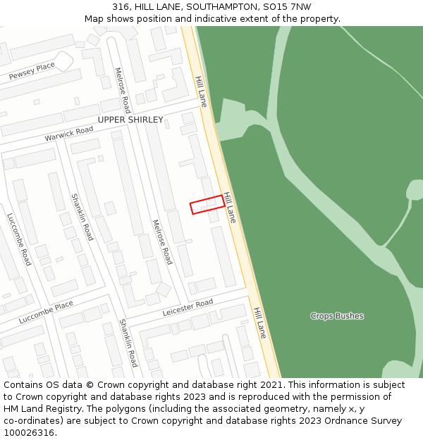 316, HILL LANE, SOUTHAMPTON, SO15 7NW: Location map and indicative extent of plot